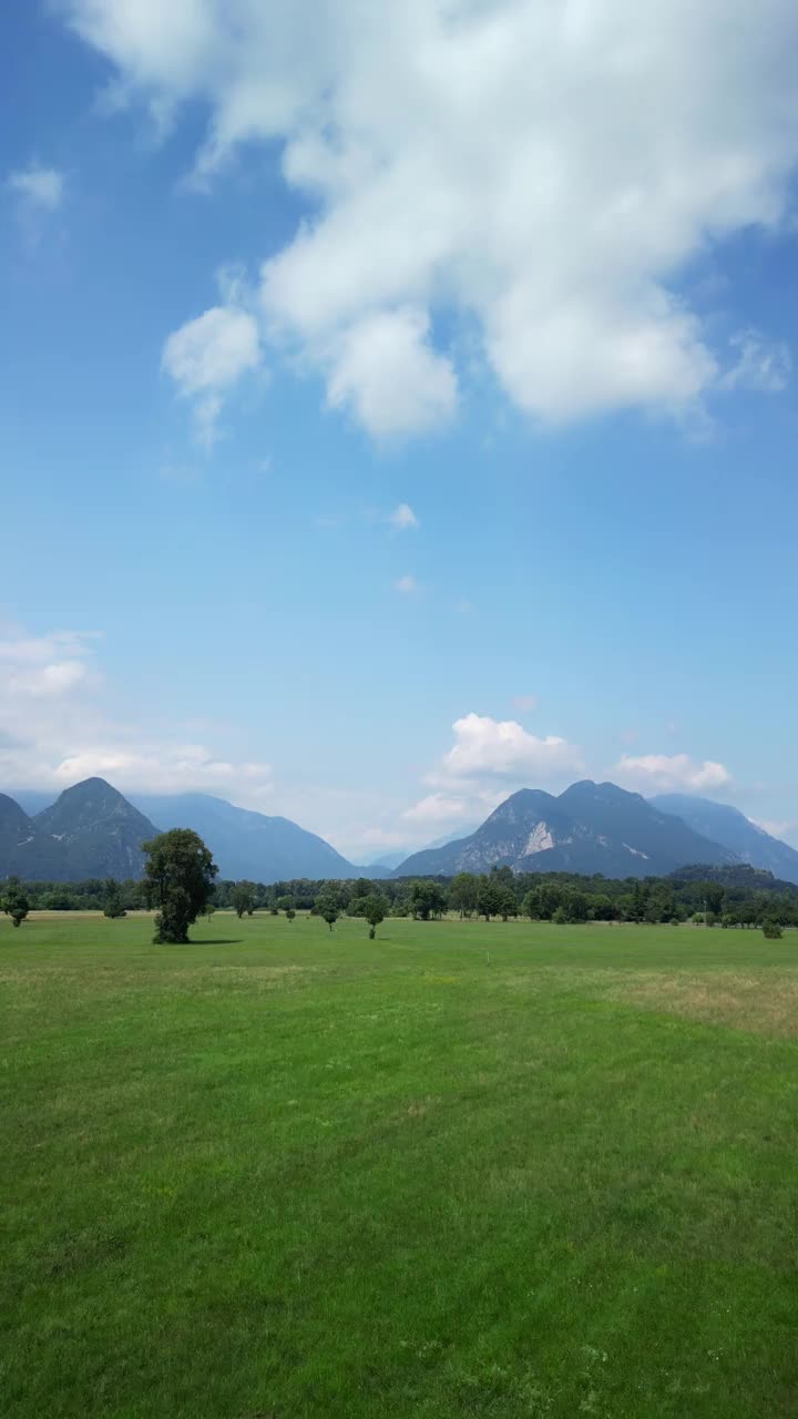 苍翠葱郁的田野，以雄伟的高山为背景，配以洁白蓬松的白云，垂直相框。视频下载