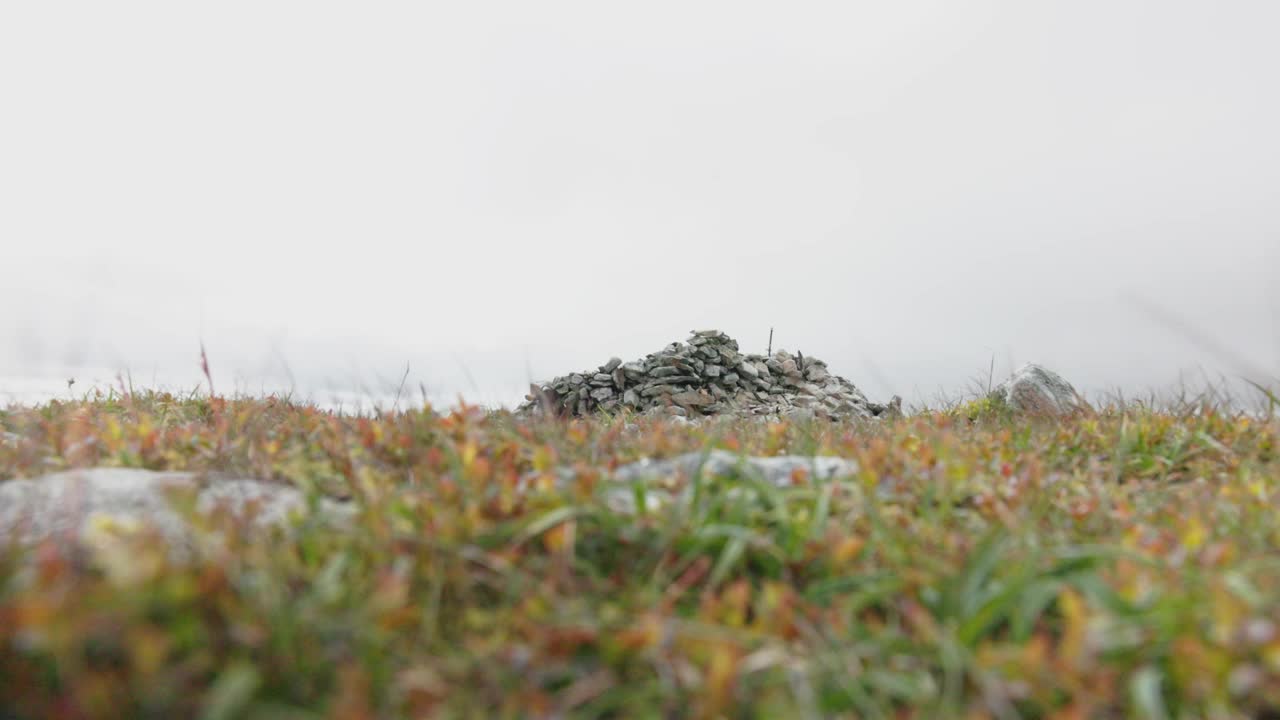 低角度拍摄的徒步旅行者独自到达Ben Choinzie山顶视频素材