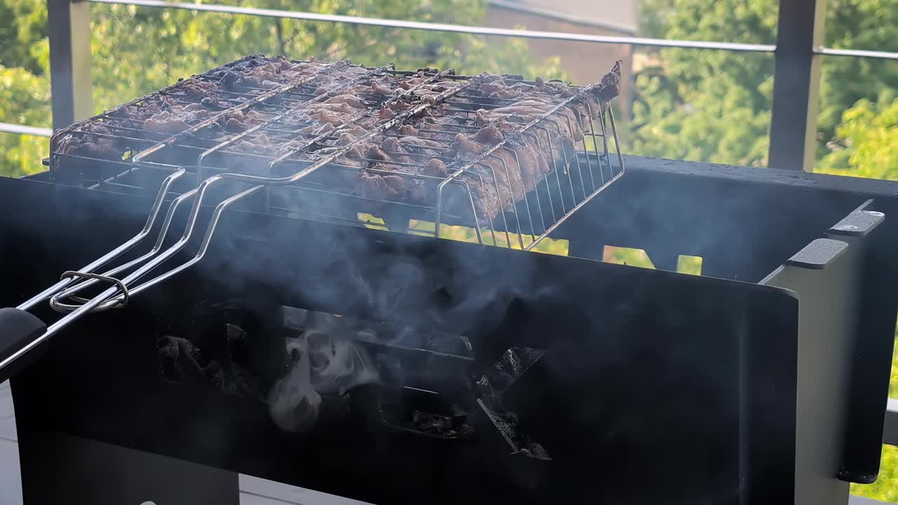 仍在拍摄热炭烟与金属器具慢炖锅烤肉鸡家禽猪肉在烤架上户外烧烤在阳台露台上烧烤户外加热视频素材