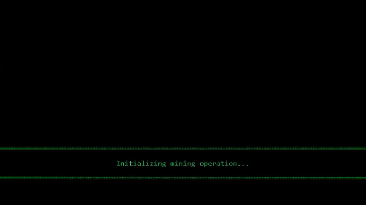 黑色屏幕上的绿色文字显示了详细的挖矿操作，包括连接，同步和块验证，具有类似矩阵的背景。视频素材