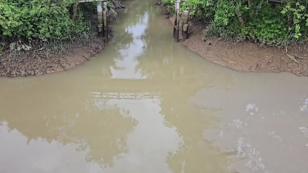 4k平移拍摄的小河和小桥，在越南永隆省芒提区。热带乡村景观概念。视频下载