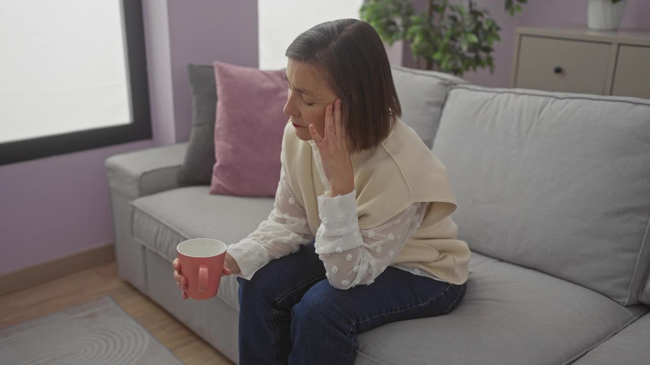 一位忧心忡忡的中年妇女坐在室内的沙发上，手里拿着一个马克杯，若有所思。视频素材