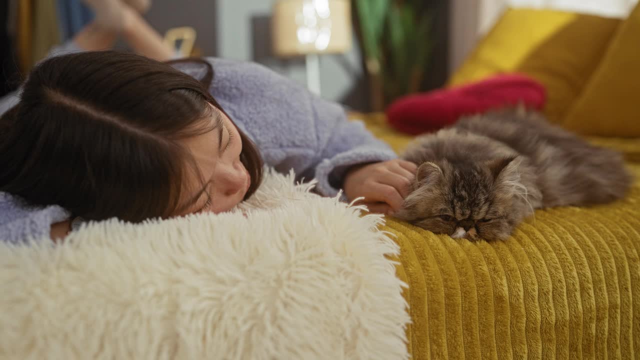 在一间舒适的卧室里，一名年轻女子躺在她的猫旁边的床上，与毛茸茸的猫朋友在家里的室内环境中享受宁静的休息和陪伴。视频素材