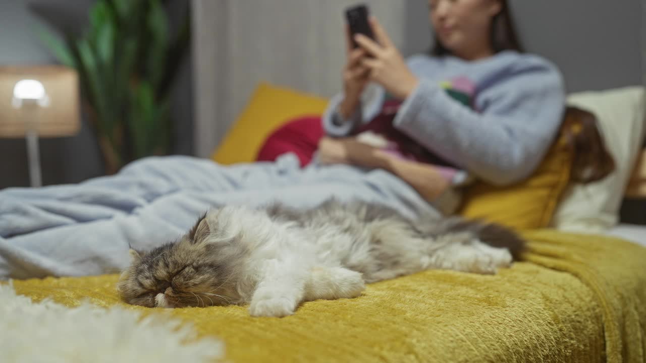 在一间舒适的卧室里，一位年轻的亚洲女子躺在床上放松，专注于她的手机，而她毛茸茸的猫在旁边的黄色毯子上安静地睡觉。视频素材