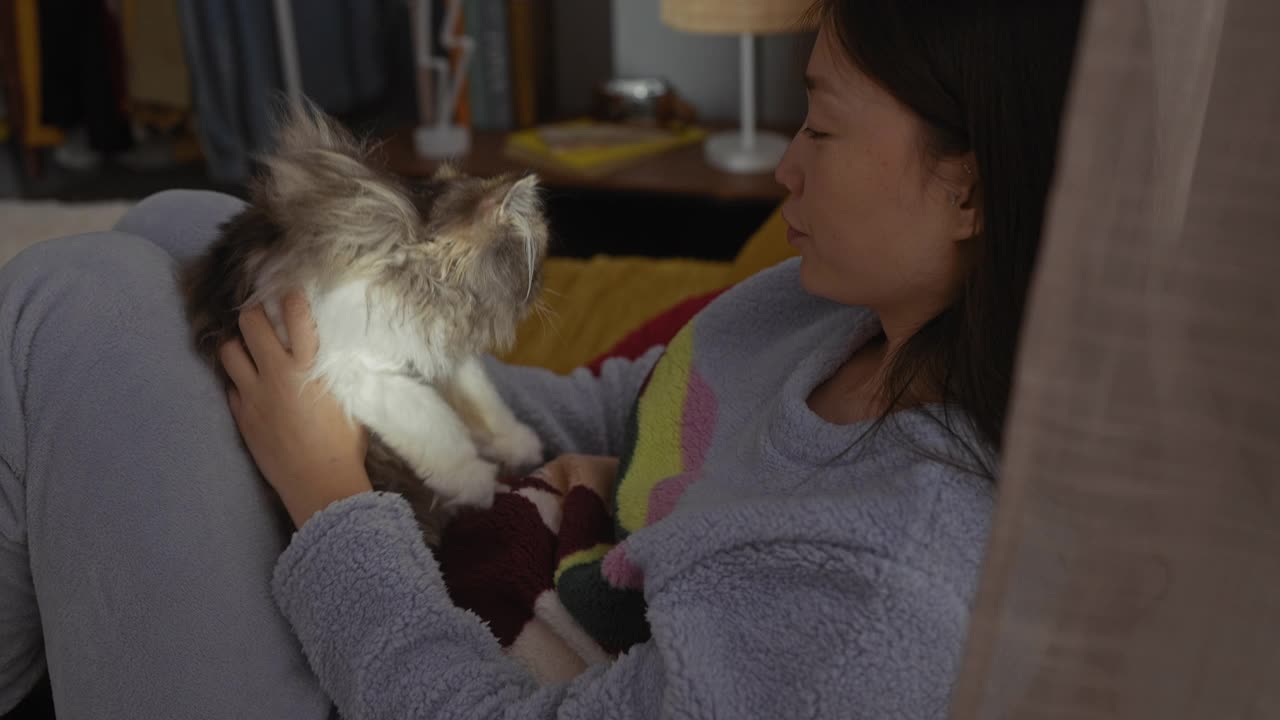 在一间舒适的卧室里，一位年轻的中国女子深情地和她毛茸茸的小猫在一起，柔和的灯光营造出温馨、亲密的家庭氛围。视频素材