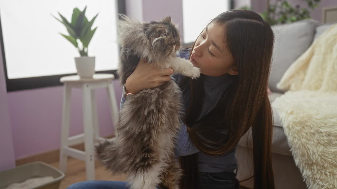 在一间以植物为背景的客厅里，一位年轻女子在舒适的室内环境中抱着并亲吻她毛茸茸的小猫。视频素材