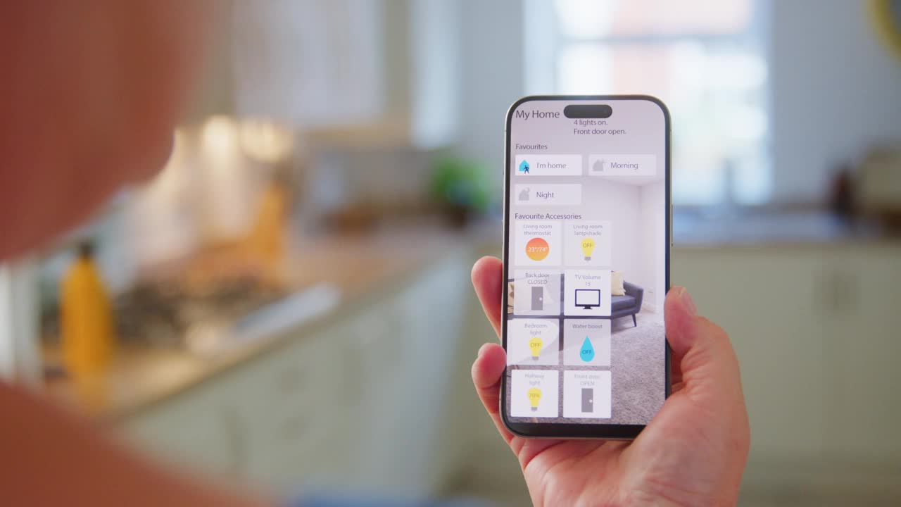 使用智能家居应用程序管理现代厨房中的设备视频素材
