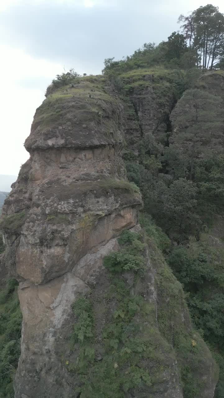 垂直无人机视频。岩层，森林山脉和大型岩层。徒步穿过绿色的森林。徒步旅行的概念。Amatlan、墨西哥视频下载