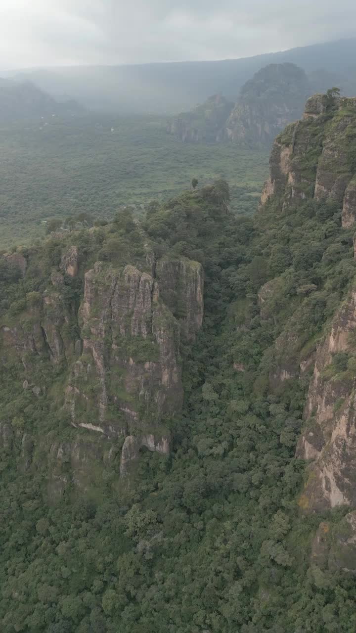 垂直无人机视频。岩层，森林山脉和大型岩层。徒步穿过绿色的森林。徒步旅行的概念。Amatlan、墨西哥视频下载