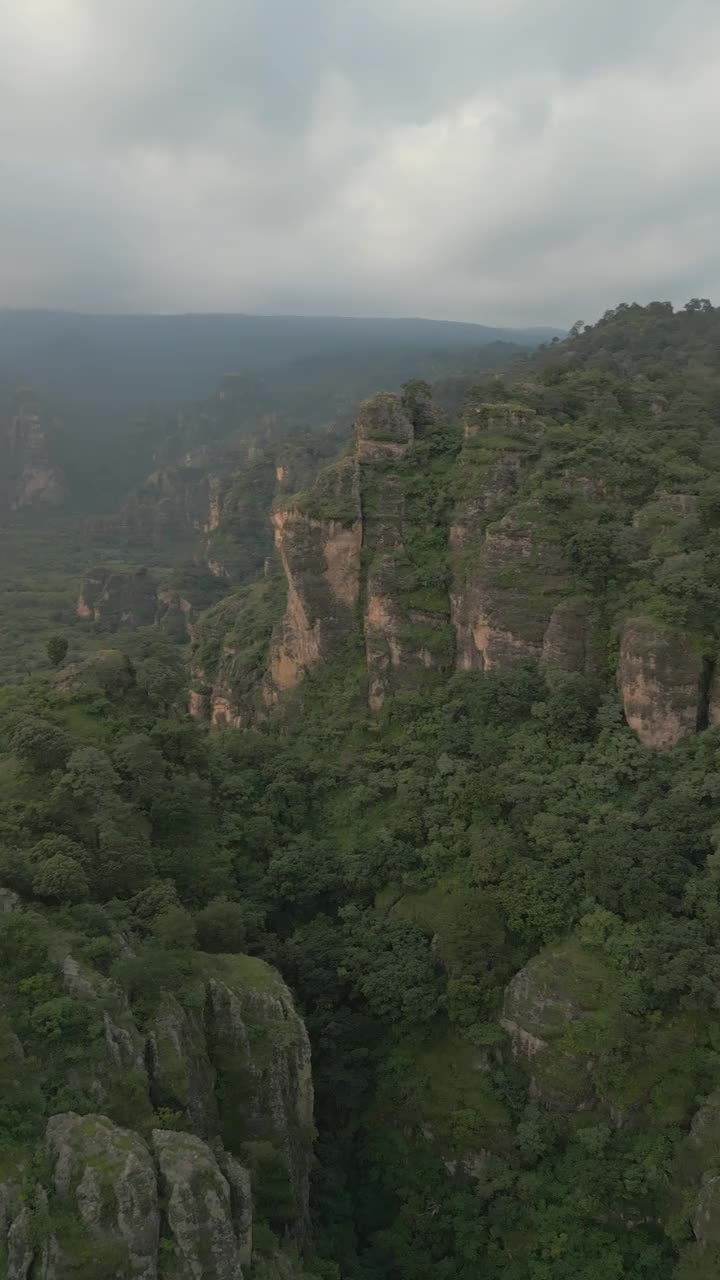 垂直无人机视频。岩层，森林山脉和大型岩层。徒步穿过绿色的森林。徒步旅行的概念。Amatlan、墨西哥视频素材