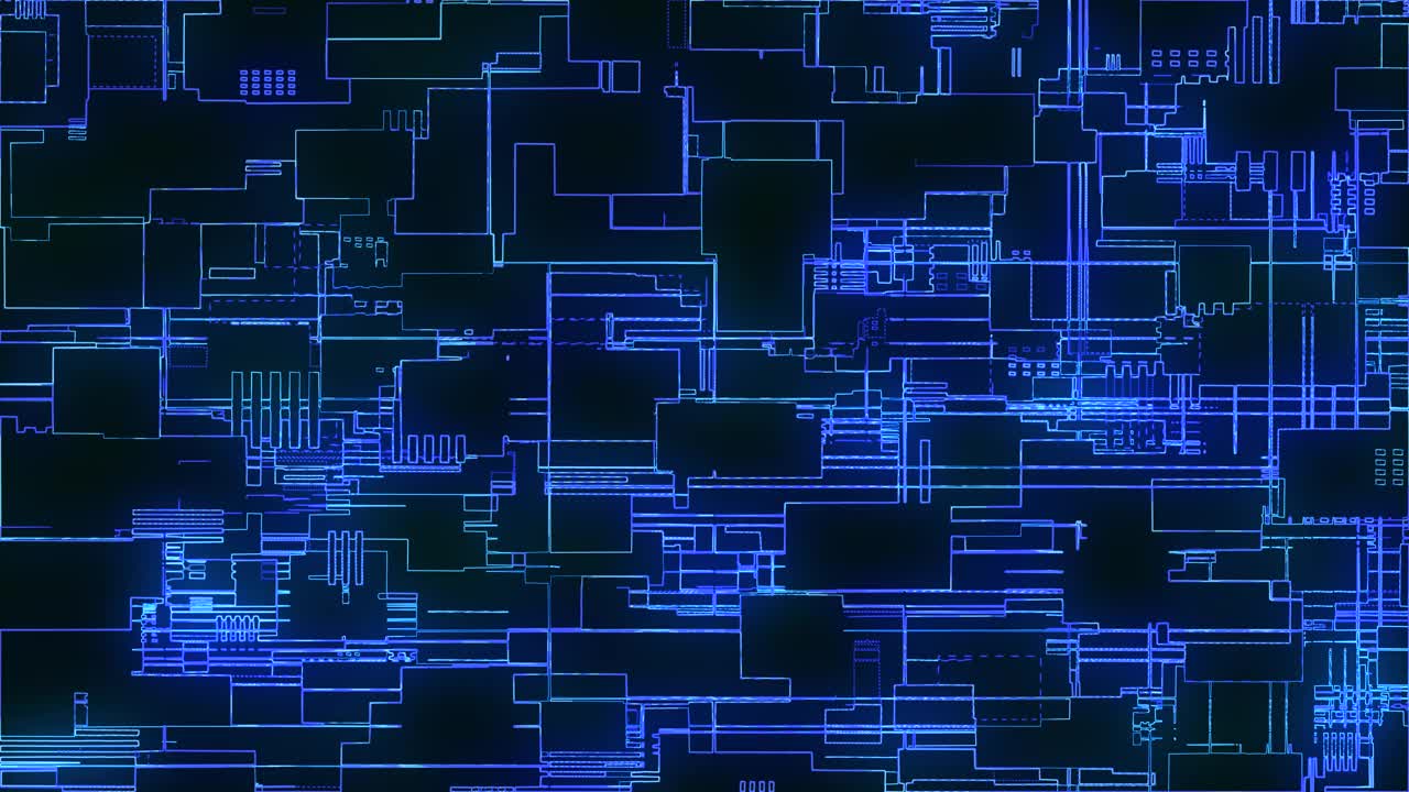 印刷电路板。先进的技术概念可视化:PCB处理器微芯片、神经网络数字化、云计算。数字线路传输数据。4 k的动画视频下载