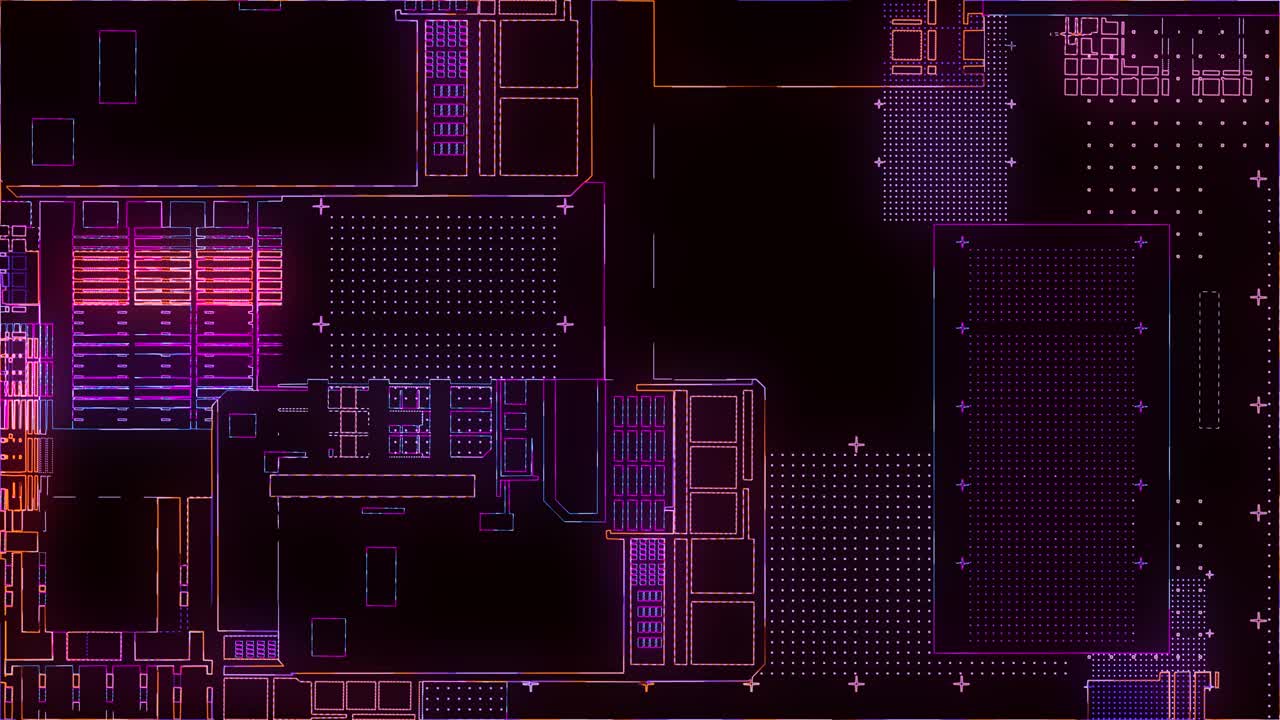 印刷电路板。先进的技术概念可视化:PCB处理器微芯片、神经网络数字化、云计算。数字线路传输数据。4 k的动画视频素材