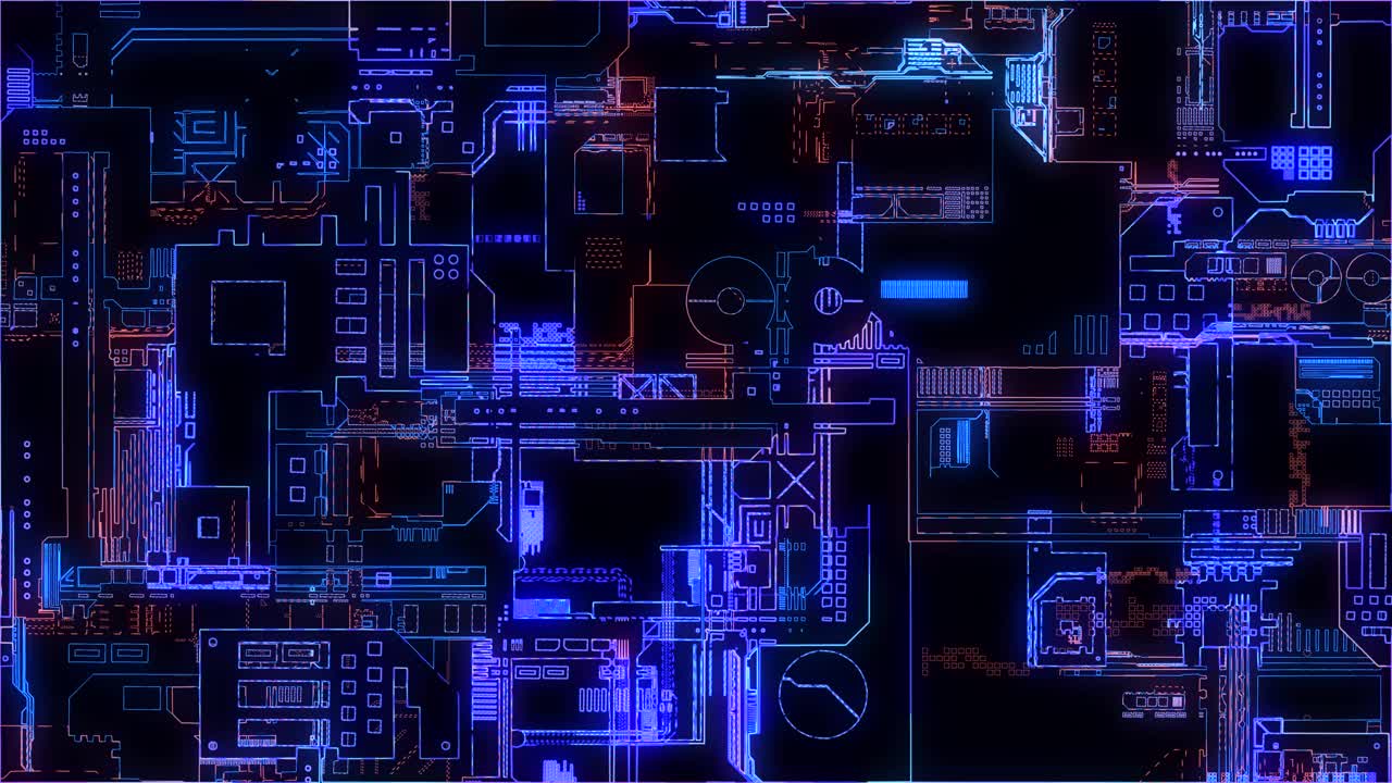 印刷电路板。先进的技术概念可视化:PCB处理器微芯片、神经网络数字化、云计算。数字线路传输数据。4 k的动画视频素材
