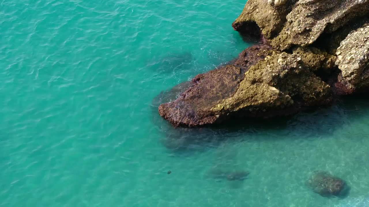 美丽的海滩，在一个阳光明媚的夏日，绿松石般的海水在岸边的海浪中翻滚视频素材