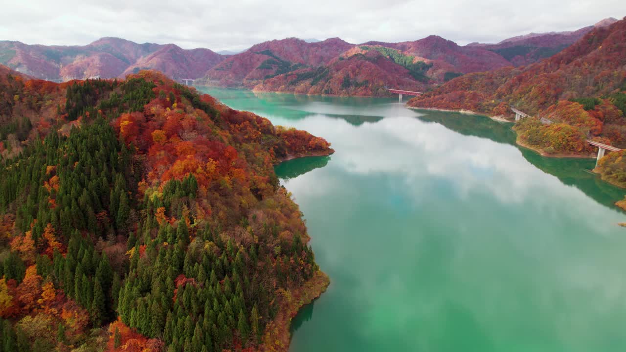 鸟瞰图:在中型社区中，秋叶缤纷，湖水碧蓝，以天桥为基础设施视频下载