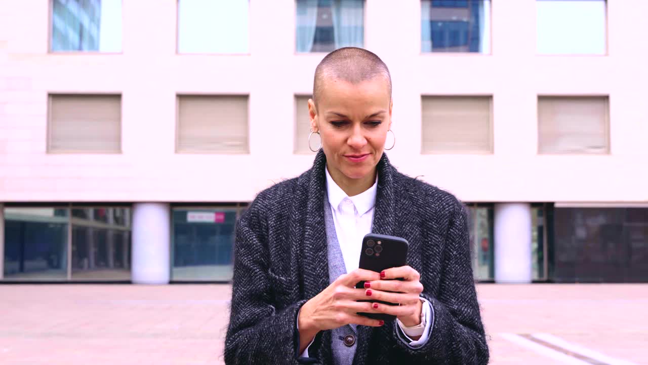 白人女商人在户外用智能手机上的应用程序。视频素材