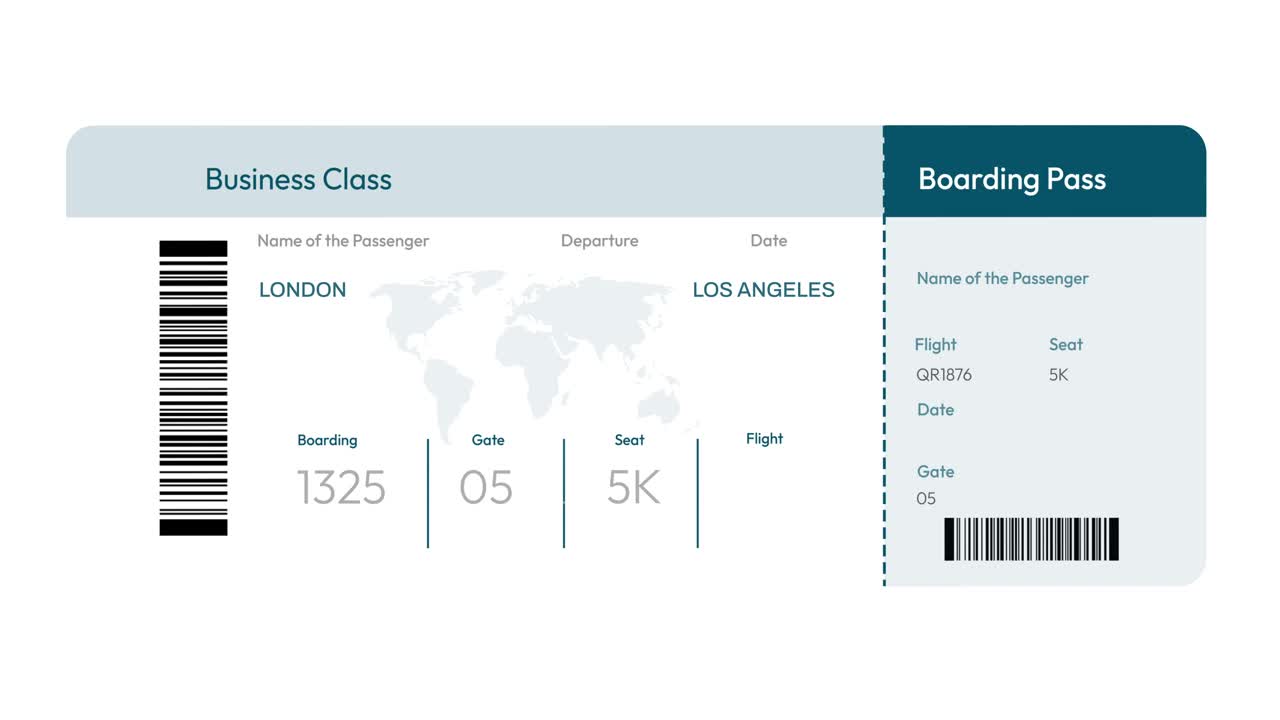 伦敦至洛杉矶4K动画航班，商务舱登机牌。旅游概念背景视频下载
