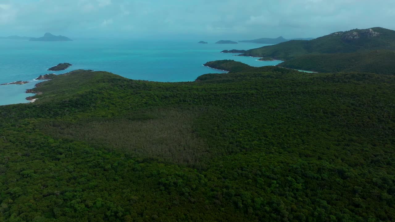 白天堂海滩圣灵岛空中无人驾驶飞机宁静的丛林航空国家公园澳大利亚澳大利亚昆士兰多云的太阳蓝天外大堡礁清澈的蓝色海洋海滨向前泛向上运动视频素材