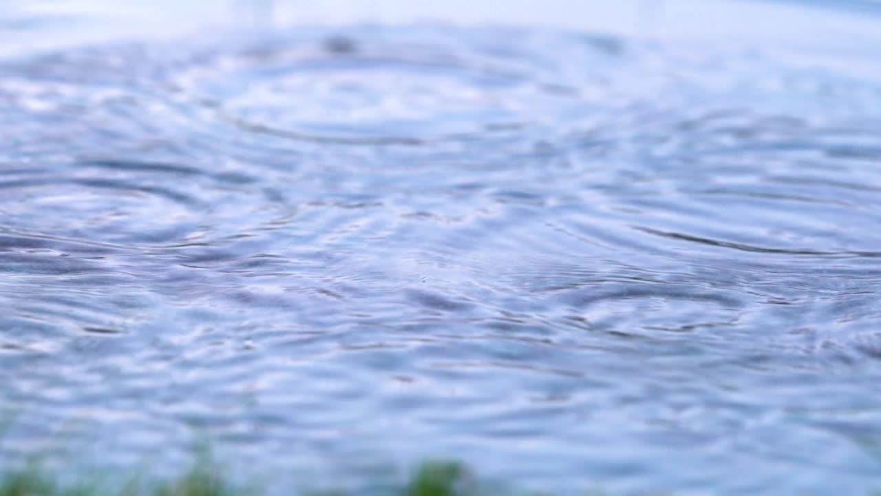 在水面下的雨。绿草后面的水珠和波浪。4 k决议。视频下载