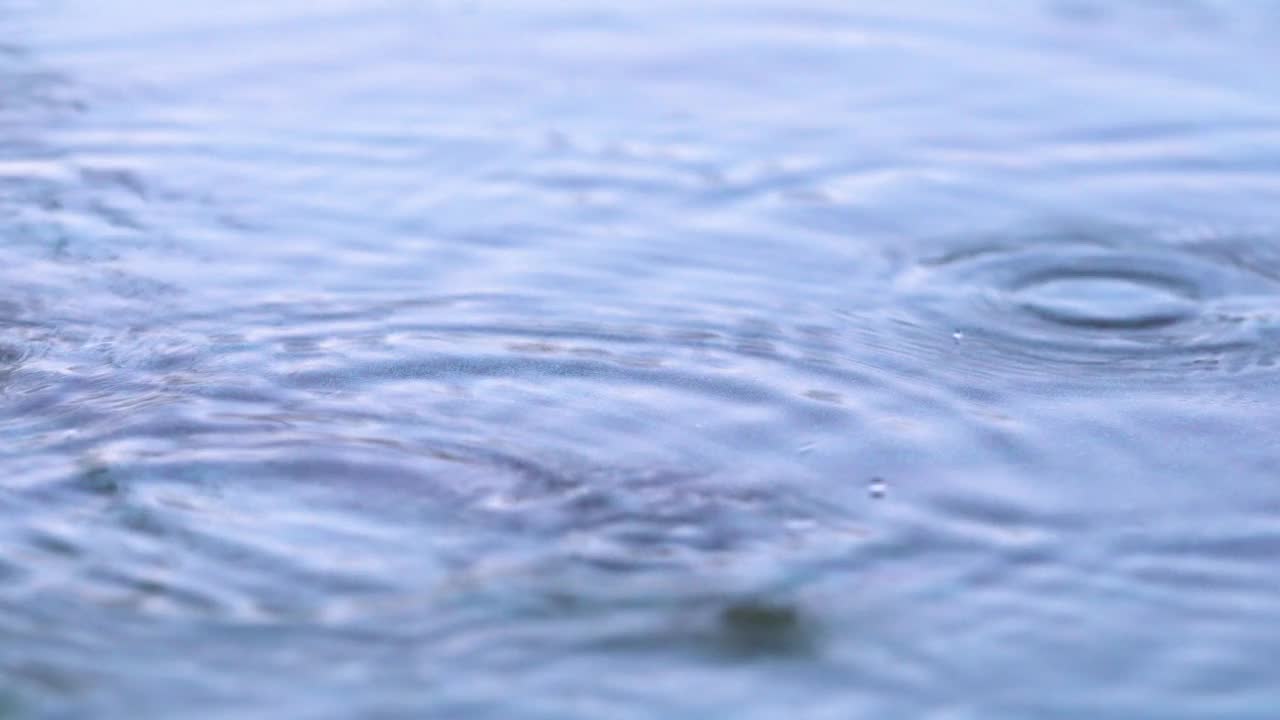 在水面下的雨。绿草后面的水珠和波浪。4 k决议。视频下载