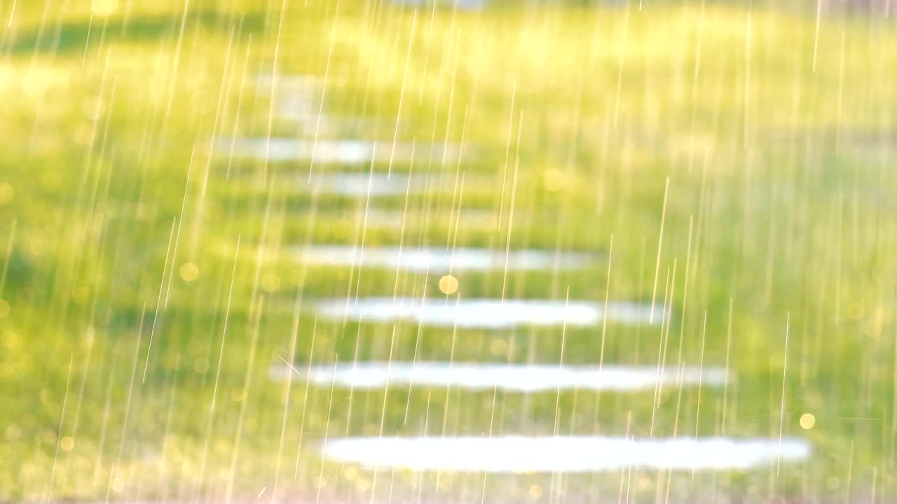 日落时分，夏日花园的塑料洒水车用水灌溉草地。在旱季给绿色植物浇水以保持其新鲜。视频下载