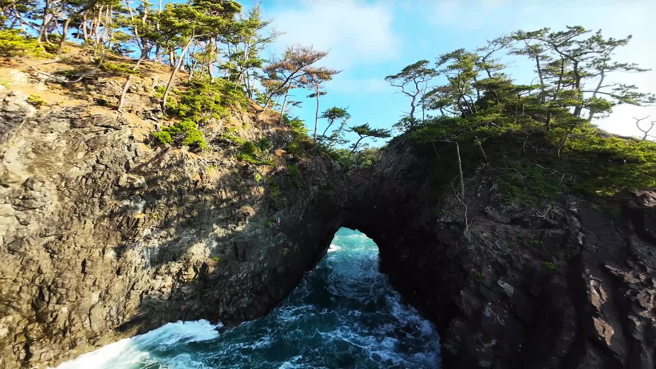 飞越岩石树的缝隙，露出日本北部的黑石海滩视频下载