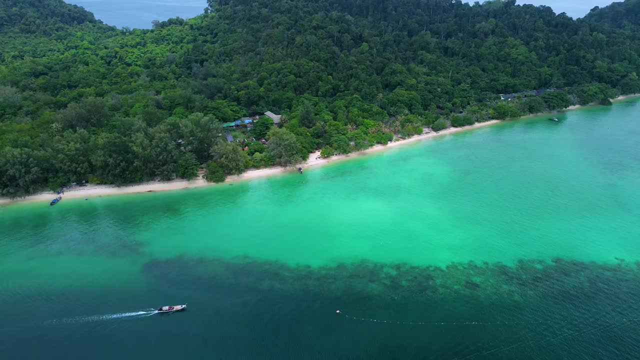 鸟瞰图的长尾船行驶通过海滩与清澈的海水礁。董里,泰国视频下载