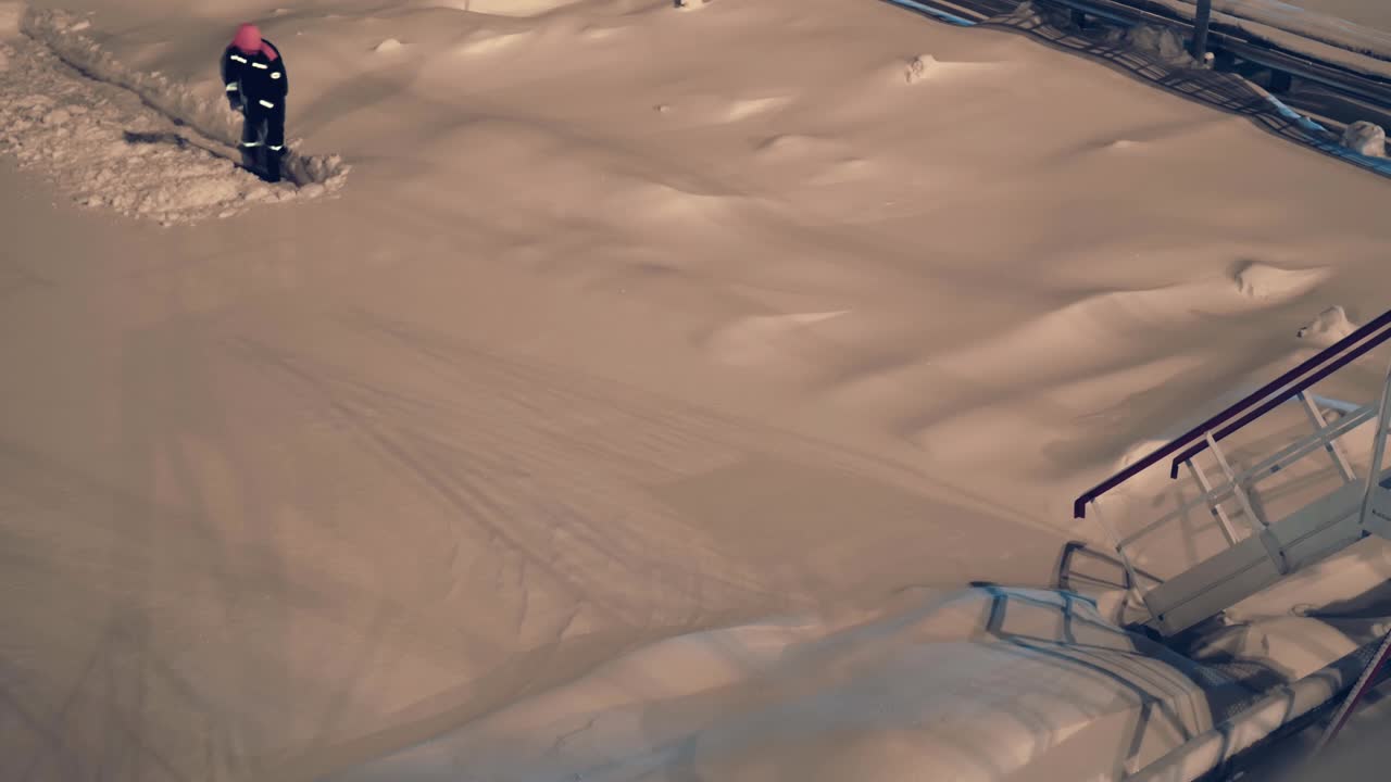 勤劳的工人们冒着严寒和大雪在工厂里上夜班，反映了冬季夜间劳动的严酷现实和体力要求。时间流逝视频素材