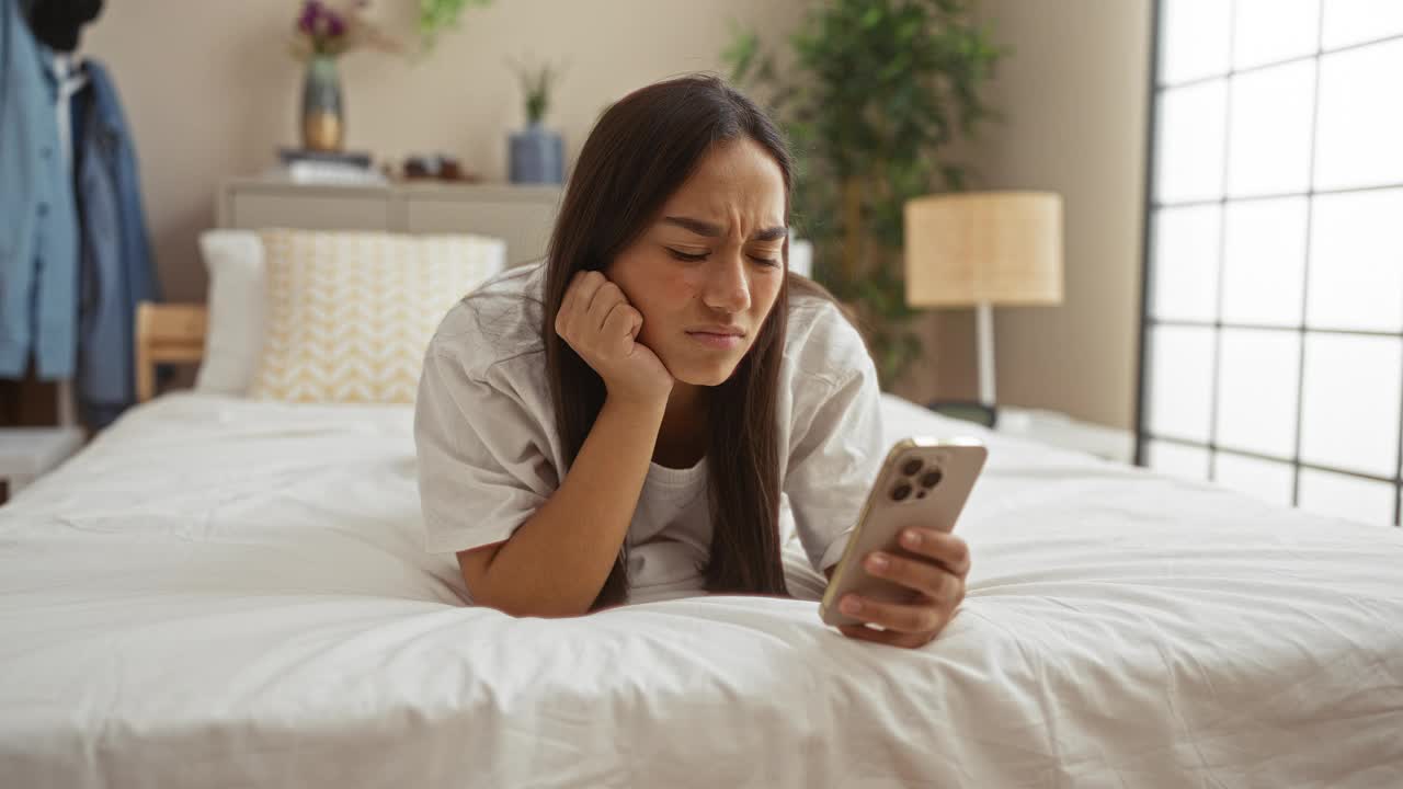 一个年轻女子躺在家里卧室的床上看着她的手机视频素材