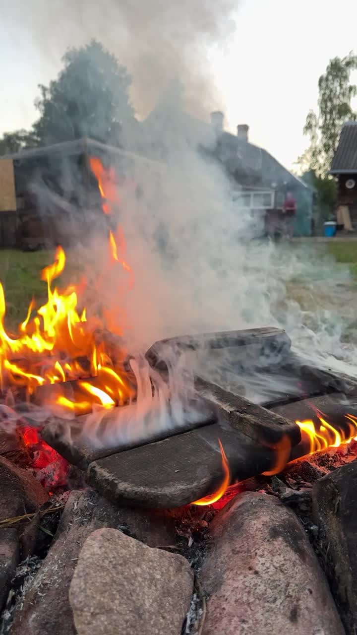 熊熊燃烧的篝火。烟雾和火焰正在上升。缓慢的运动。垂直视频。视频下载