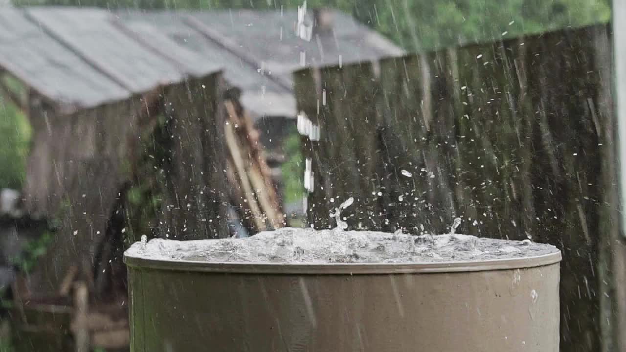 雨桶。大雨时，一股强劲的水流涌进一个旧金属桶视频下载