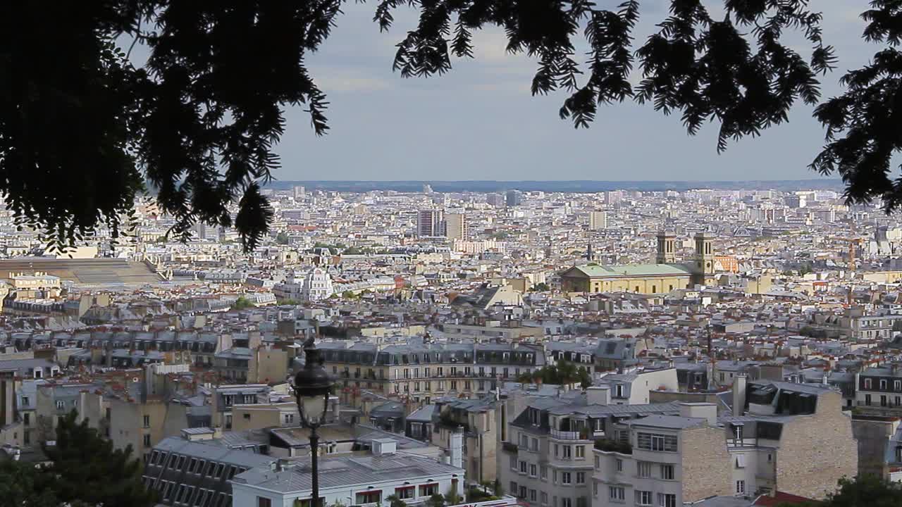 巴黎的风景。在前景中，一只鸽子栖息在一个典型的巴黎灯柱上。视频下载