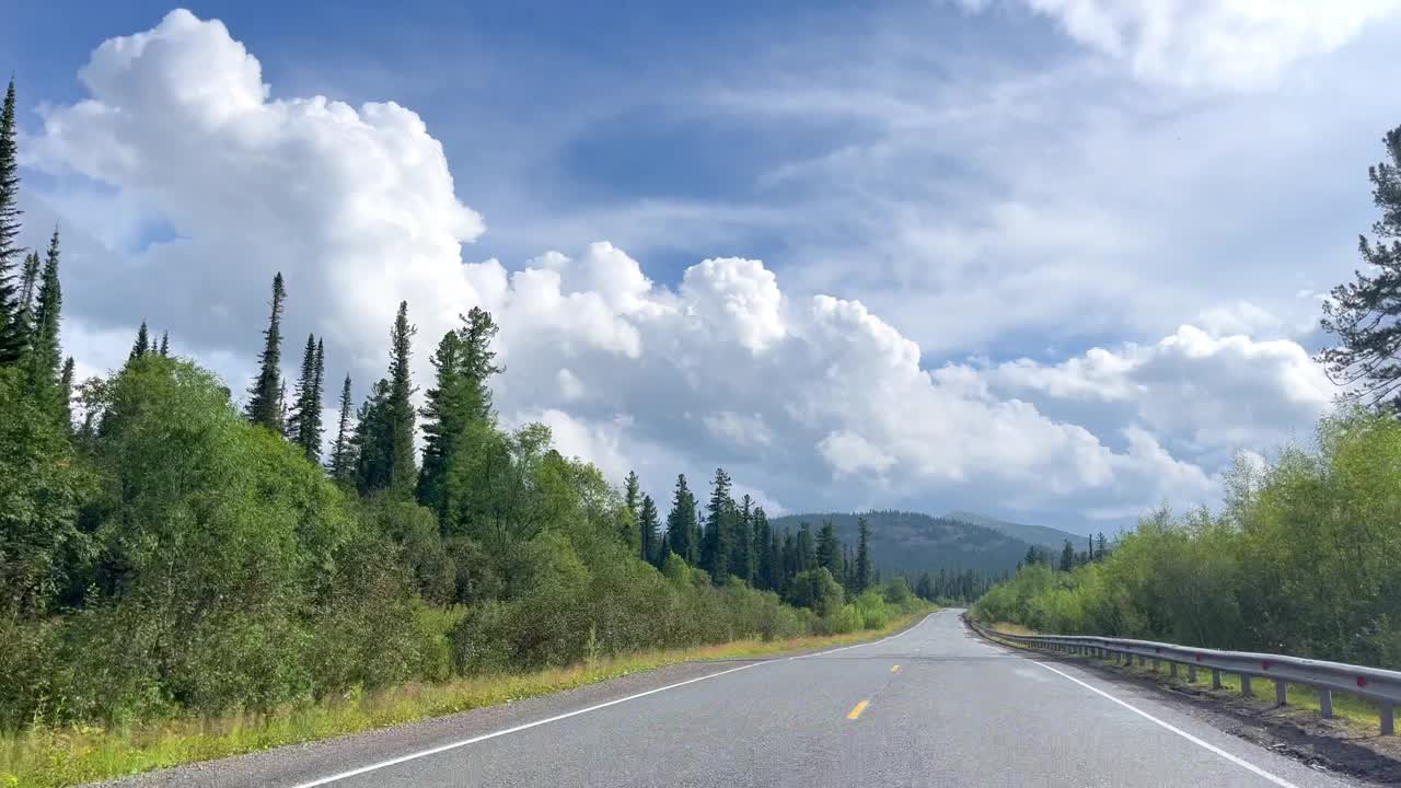 从道路的汽车窗口的视角。汽车沿着多云的森林景观行驶。旅行，旅行，开车旅行视频下载