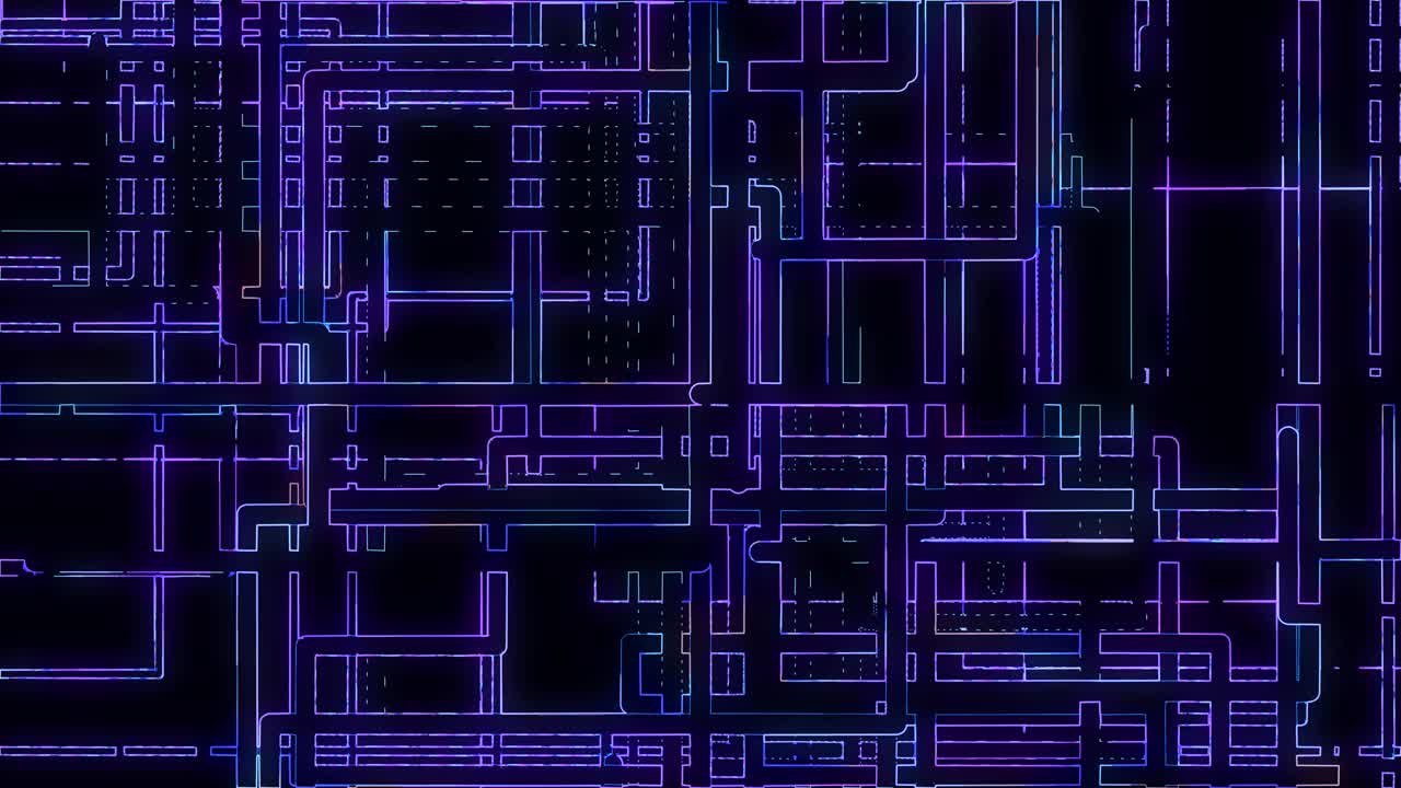 抽象动画彩色线条在黑暗的背景。公共交通网络不断扩大。彩色地铁图，深色背景上的铁路交通图。管道图。4 k的动画视频下载