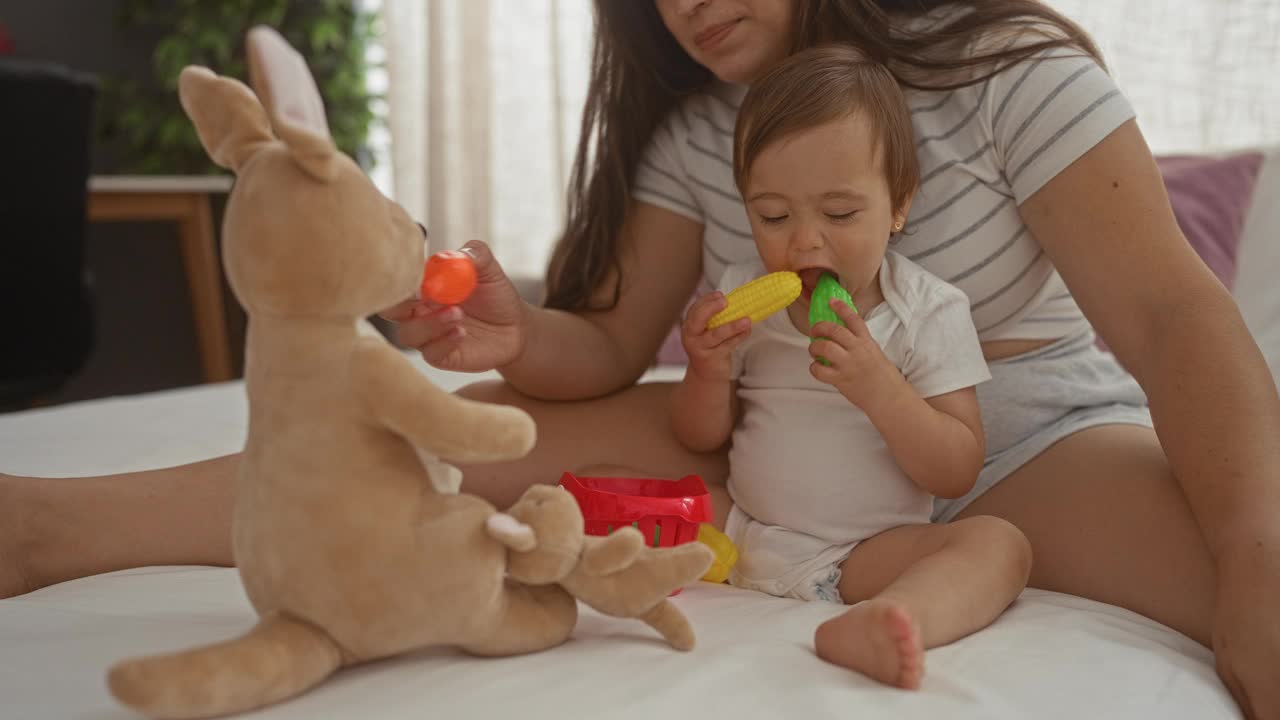 在舒适的卧室里，妈妈和孩子在床上玩玩具视频下载