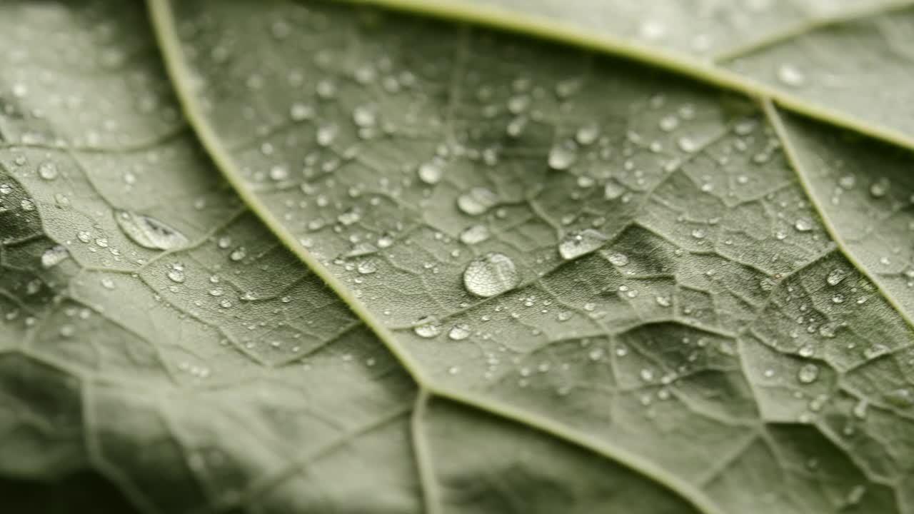 叶片表面的细胞结构图，有水滴显示植物。绿色的新鲜叶子在微距镜头背景。有纹理的植物或树木的明亮的叶子。自然概念视频素材