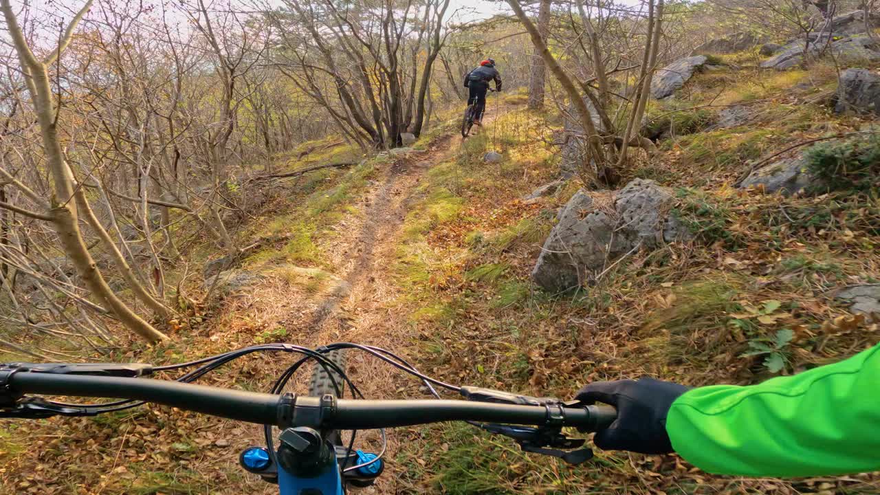 POV:与朋友在阳光明媚的森林里竞速山地自行车的第一人称视角视频素材