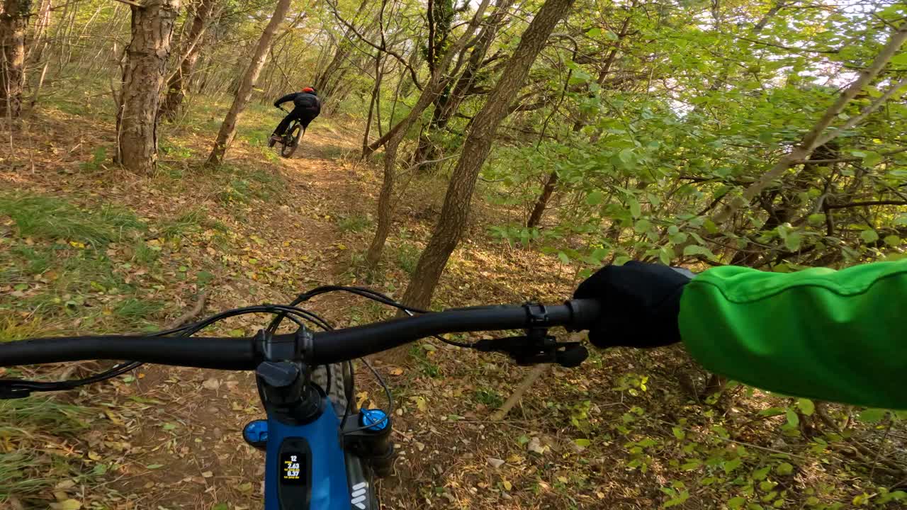 POV:在一个阳光明媚的秋日，骑着山地车沿着蜿蜒的森林小径而下视频素材