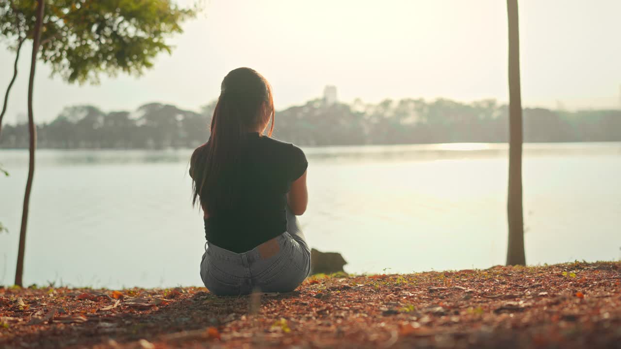 后视图的女人享受比格犬宠物和俯瞰美丽的湖在户外日落，女孩度过周末在大自然与宠物视频下载