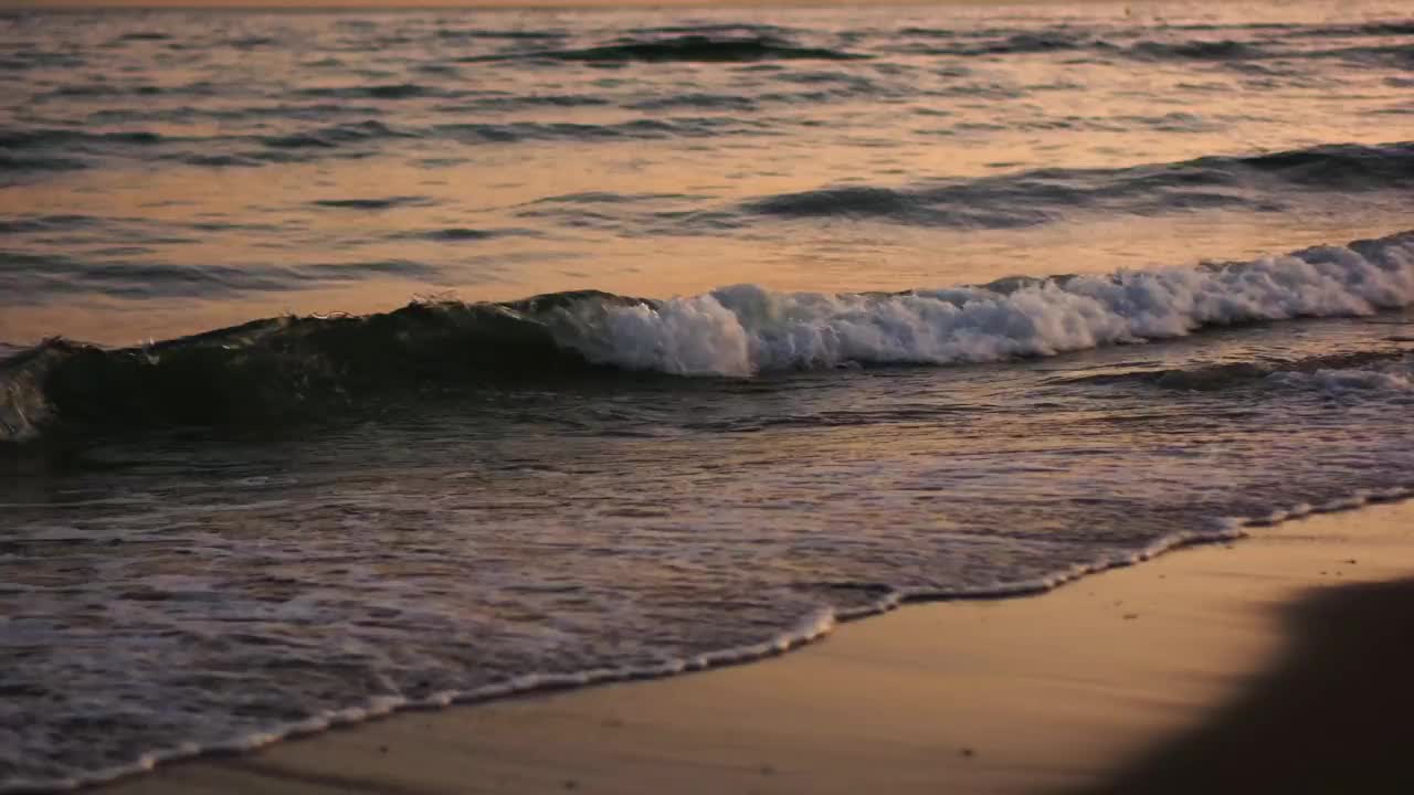 日落的大海。美丽的粉红色和金色的夕阳在平稳地滚向海岸的海浪中嬉戏。视频素材