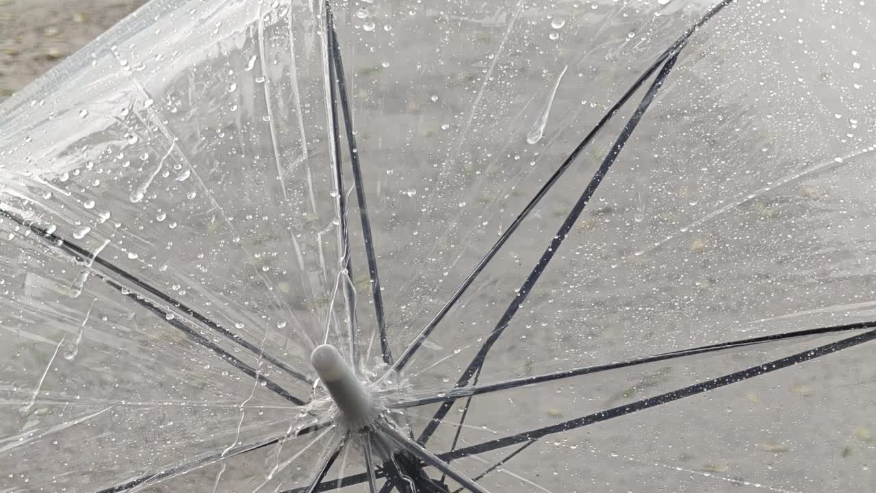 外面下着雨，雨水落在伞上，溅起水花。视频素材