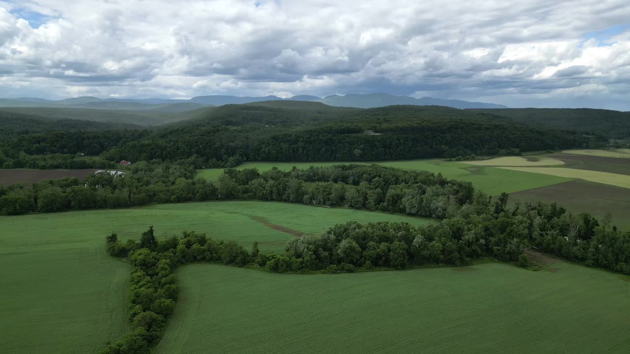 飞越农田与卡茨基尔山在背景(空中无人机视图的农村自然景观)卡茨基尔山山纽约州北部哈德逊河谷金斯顿农业作物视频下载