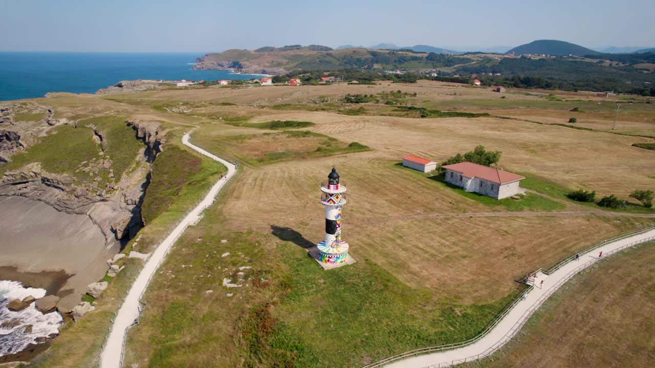 鸟瞰风景秀丽的海岸线和阿霍灯塔在坎塔布里亚，西班牙。视频下载