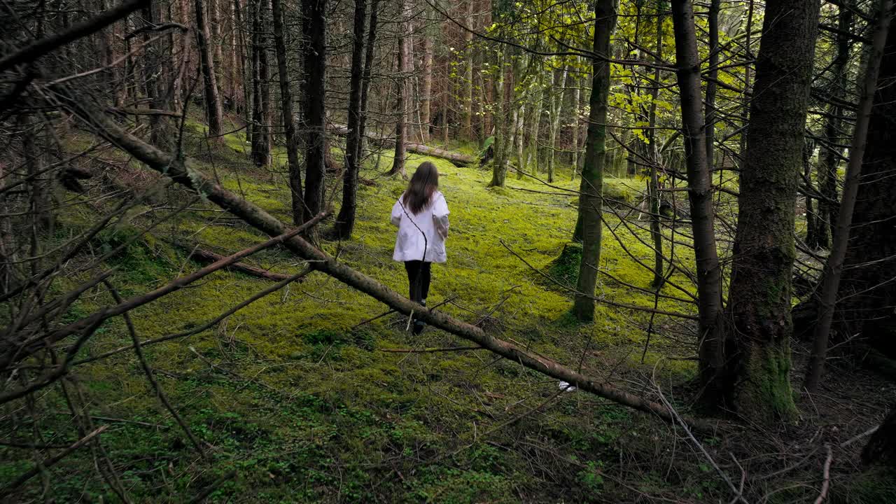 无人机拍摄的一个女人在苏格兰的草地上探索绿色的森林。视频素材