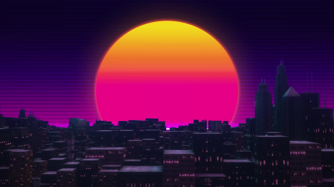 复古80年代风格的循环动画与夜晚的城市背景。Synthwave无缝循环赛博朋克城市景观的音乐视频视频素材