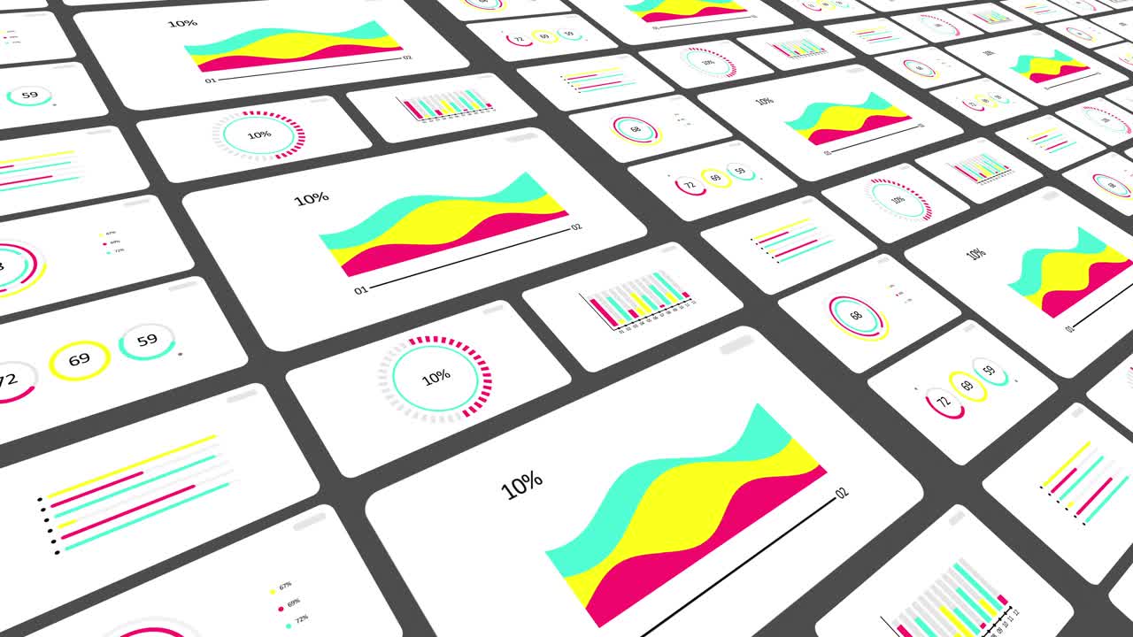 3D动画信息图表集。动画七个不同的图表和图形在明亮的颜色隔离在白色背景。高品质的4k运动设计。视频下载