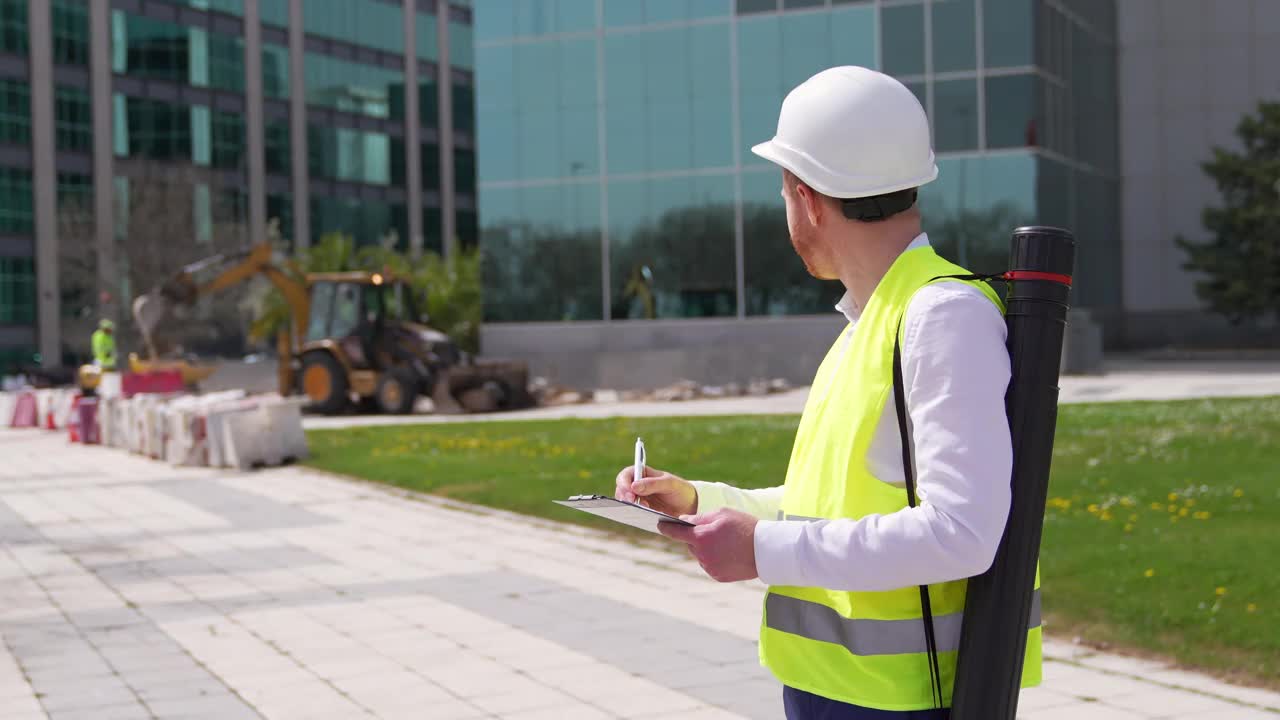 质量检查员在建筑工地的剪贴板上写字视频素材