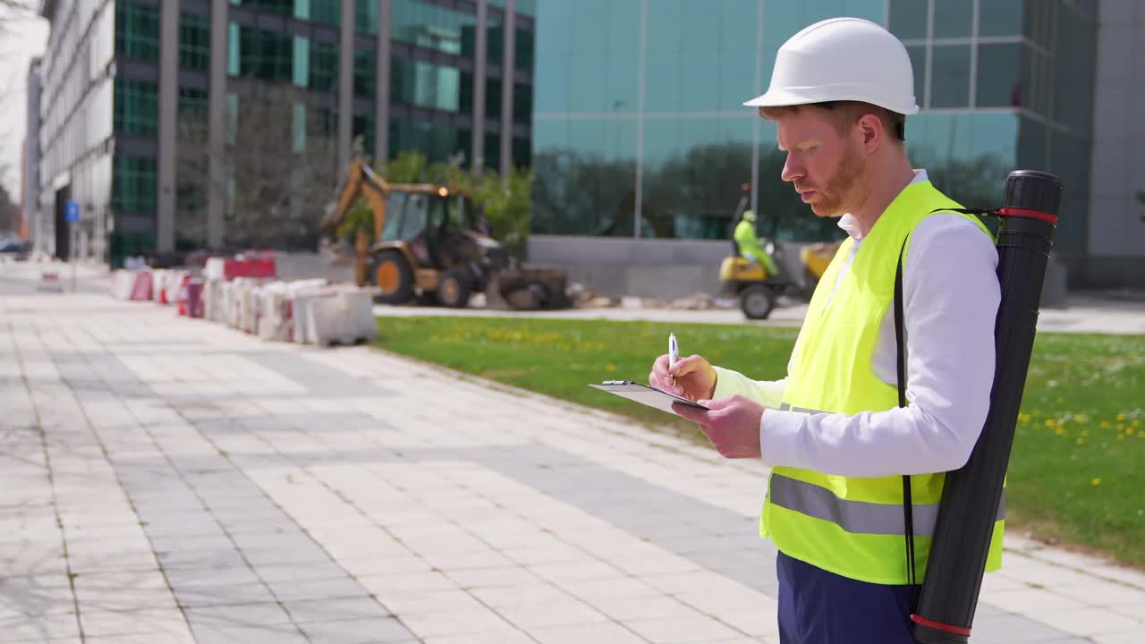 质检员在建筑工地做笔记视频素材