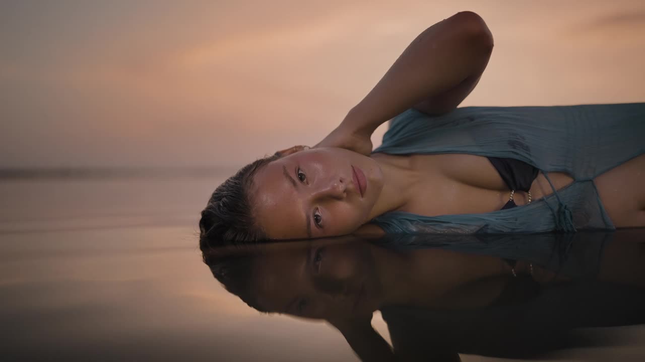 日落时水中一个年轻女子的宁静倒影视频素材