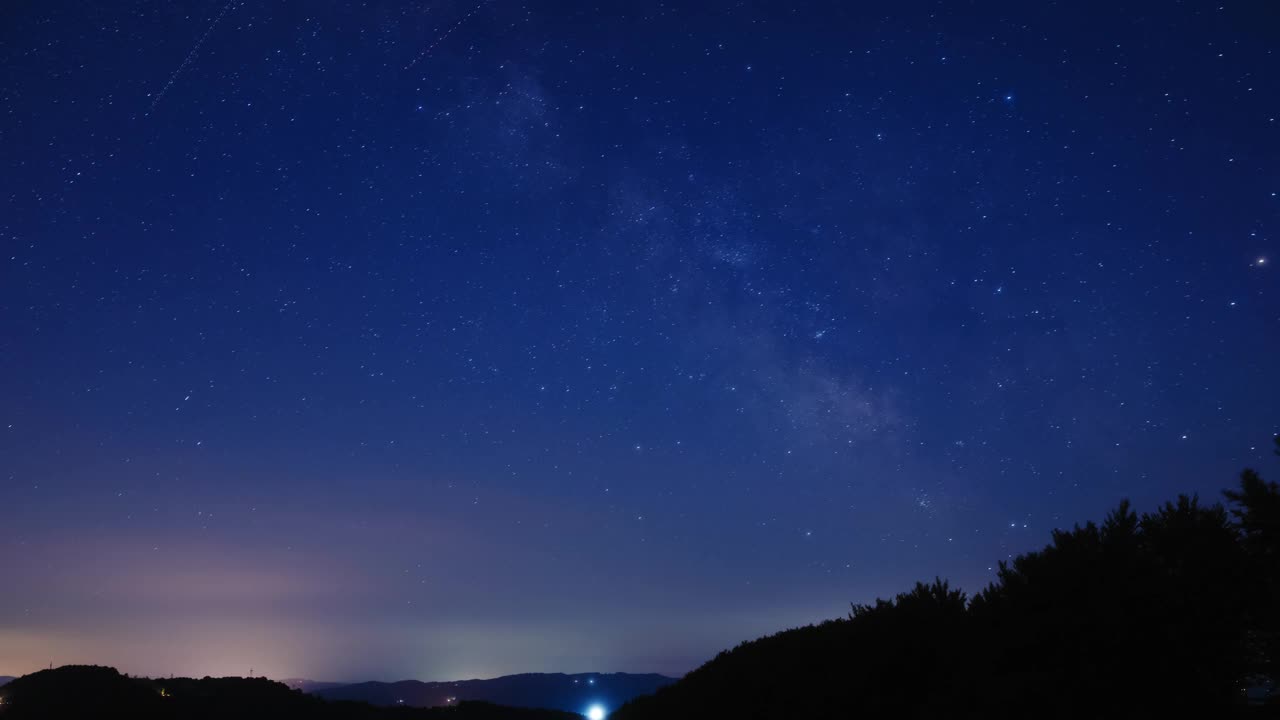 时间流逝的银河系，流星，行星，恒星，飞机，卫星和景观剪影。视频下载